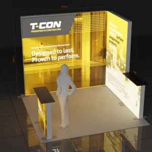 3x3M Custom Construction Innovation Exhibition Booth SEG Light Box Display L Shape Backwall With Top Header Reception Counter