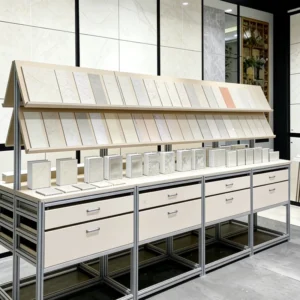 Aluminum Profile Tile & Stone Sample Display Rack LED Lighting Slanted Shelf Showcase Drawers for Building Material Showrooms