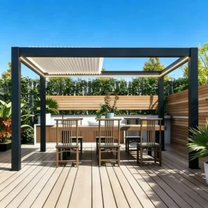 Balcony Terrace Pool Deck Shading Bioclimatic Pergola Semi Circular Sunshade Canopy Outdoor Dining Open Air Pavilion