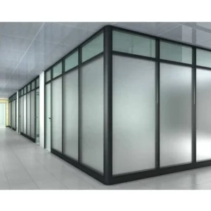 Black Frame Double Tempered Frosted Glass Removable Office Fixed Partition Wall