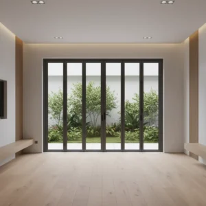 FEM75 6 Panel Modern Aluminum Glass Folding Door with Thermal Insulation for Exhibition Hall Villa Open View Easy Operation