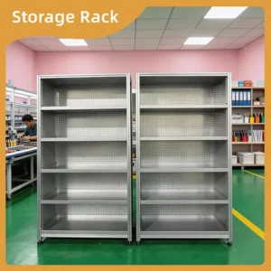 Industrial Aluminum Extrusion Storage Shelving with Safety Labels for Warehouse Safety Standards