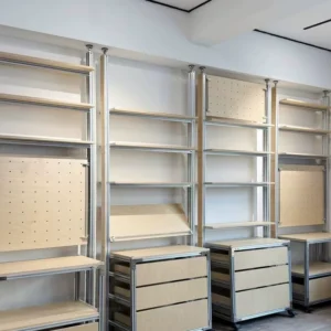 Industrial Style Aluminum Profile Wood Modular Shelving System LED Lighting Multi Functional Adjustable Display Racks Drawers