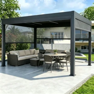 Luxury Bioclimatic 4x4m Aluminum Pergola Motorized Louvered Roof Waterproof Garden Gazebo 13x13ft LED Lighting