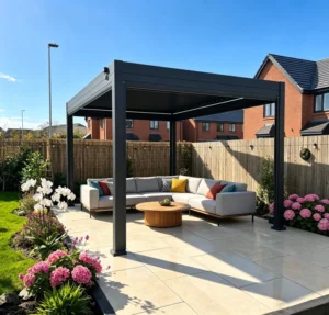 Modern 4x4m Motorized Aluminum Pergola Louvered Roof Waterproof Bioclimatic Garden Gazebo with Integrated Drain System