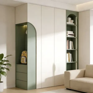 Modern Dressing Table with LED and Open Shelves White Wood Makeup Vanity for Bedroom Custom