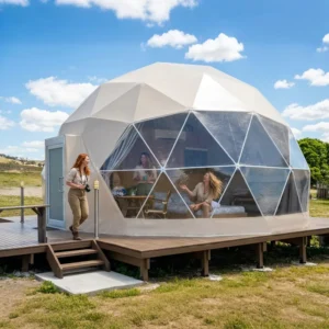 Modern PVC Glamping Tents with Bathroom Geodesic 5+6m Double Dome Tent Four-Season Waterproof