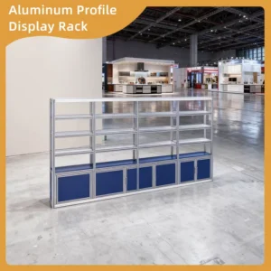 Modular Aluminum Profile Exhibition Display Rack Multi Layer Open Shelving Unit with Bottom Storage Cabinets