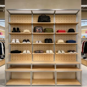 Modular Aluminum Wood LED Eco Friendly Display Rack Pegboard Back Multi Tier Shelves for Clothing Shoes Accessories Stores