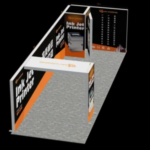 Modular Exhibition Booth Black Orange Dye Sublimation Display 9x3m Extended Industrial Backwall Product Pillar Lightweight
