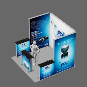 Modular Exhibition Booth Small Format Display With Curved SEG Backwall Light Box Reception Desk Product Display Portable