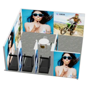 Portable Trade Show Booth Fashion Sport Display With Four Side Enclosed Backwall Central Lounge Area Product Showcase Modular