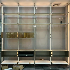 Retail Shop Beauty Salon Open Furniture Aluminium Profile Frame Glass Shelf Vertical LED Light Pole Wine Showcase