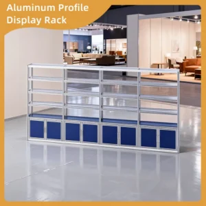 Wide Grid Opening Aluminum Profile Exhibition Stand Custom Multi Layer Display Rack with Large Cabinets for Oversized Product